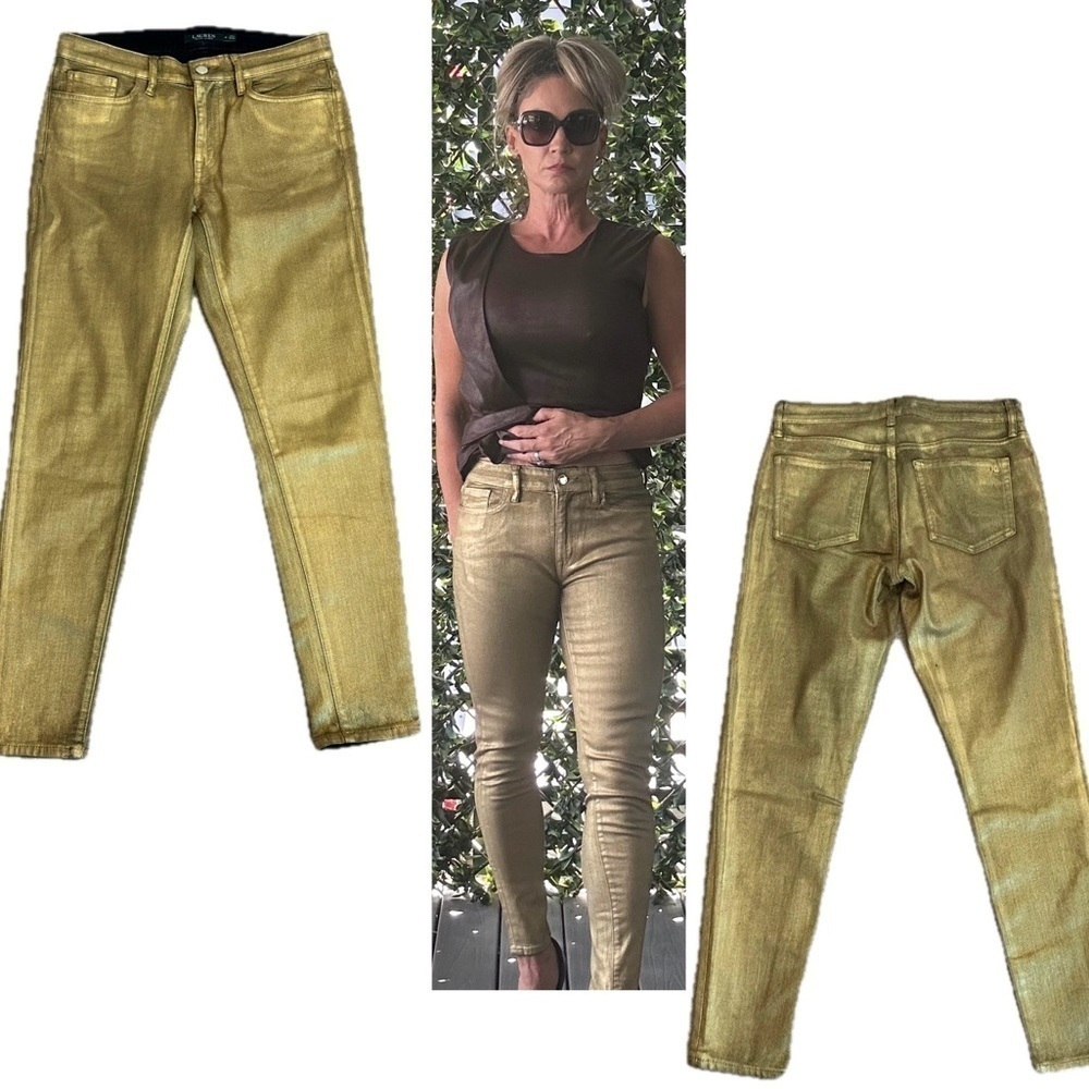 Lauren Ralph Lauren Gold metallic foil stretchy slim fit skinny jeans Sz 8 NWOT